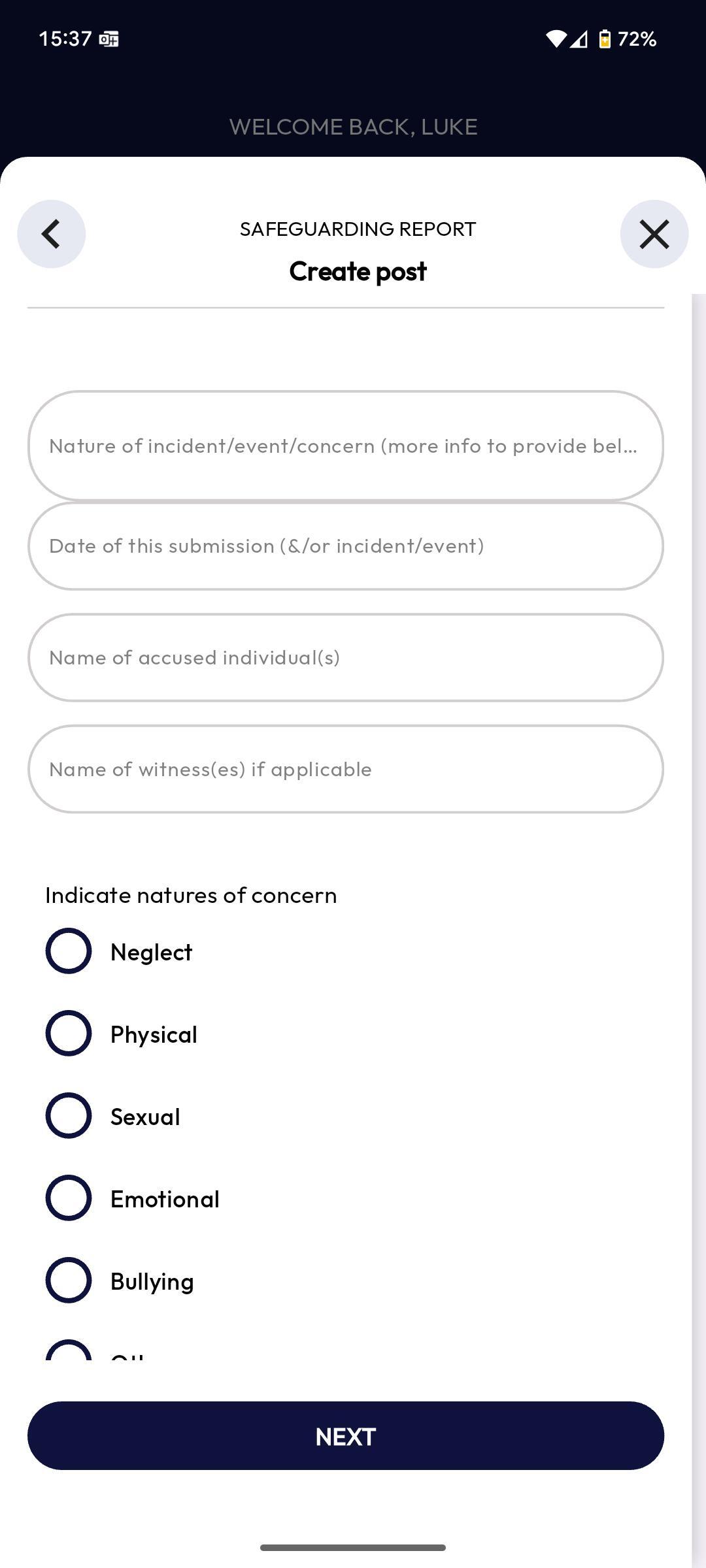 A screenshot of the safeguarding reporting form within the mobile app, the environment club personnel would use to report any concerns