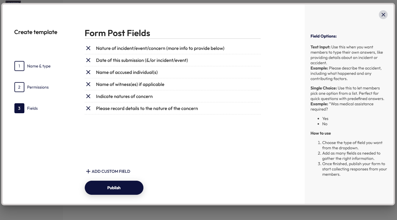 A screenshot showing how easy it is to build the safeguarding report form with the fields that your community club requires