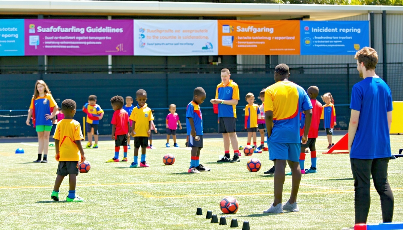 A bustling safe environment, with children in the foreground being watched by coaches who are be vigilant and ensuring each child's safety
