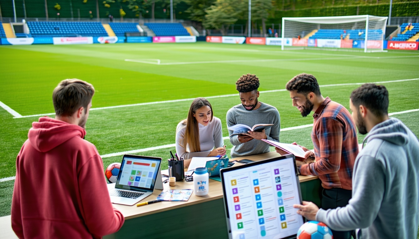 People on the side of a football pitch gathered look at different device screens working through checklists
