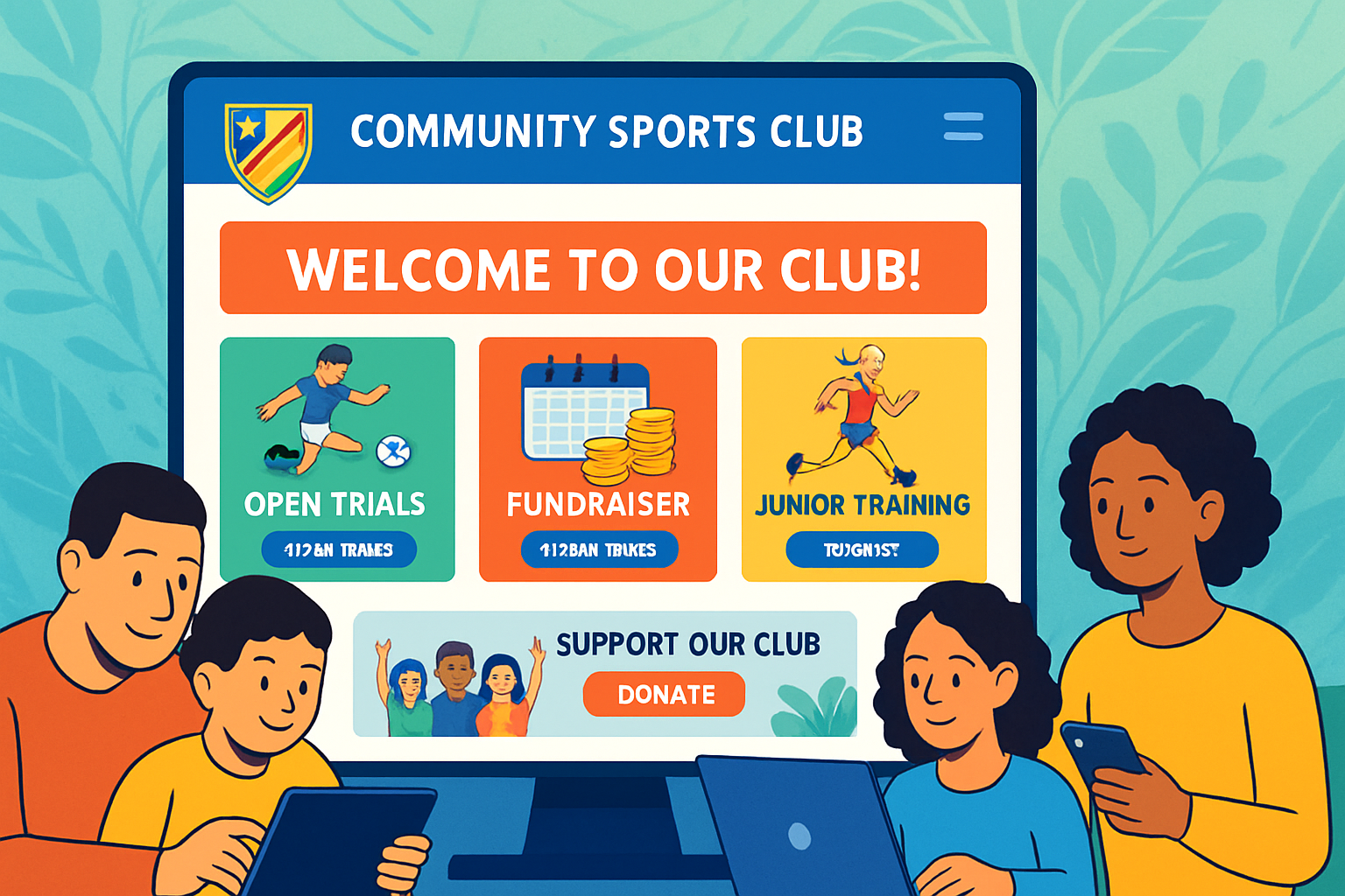 A cartoon style image show people in the foreground on devices and in the background a screenshot of the upcoming release of YourZown Public Web Pages, with events listing, donations and fundraising