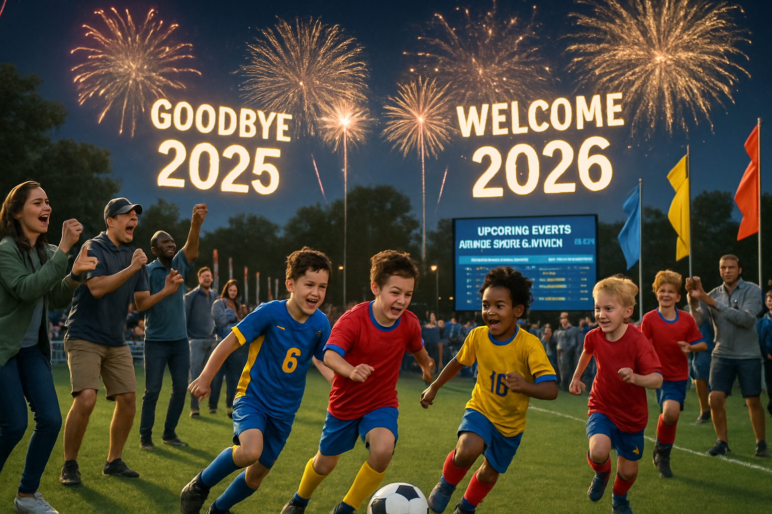 An image of children playing football and parents cheering in the foreground, whilst in the background fireworks saying goodbye to 2025 and welcome to 2026