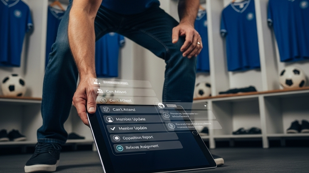 A sports coach in a changing room holding a tablet with notifications appearing on screen of who is attending and who isn't